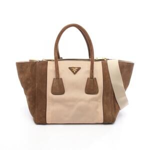 PRADA CANAPASCAMOSCIA Canvas Suede Handbag Beige Tan Brown